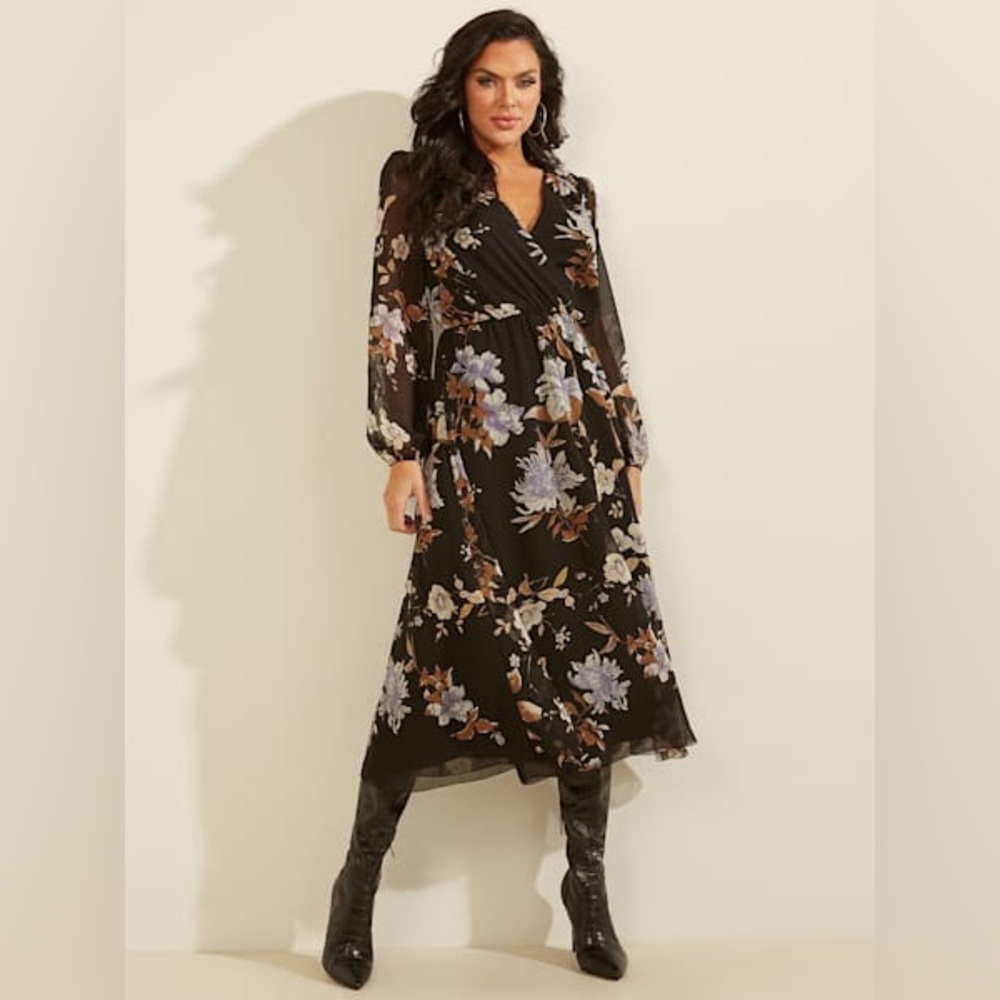 Guess Black Floral Midi Long Sleeve Dress